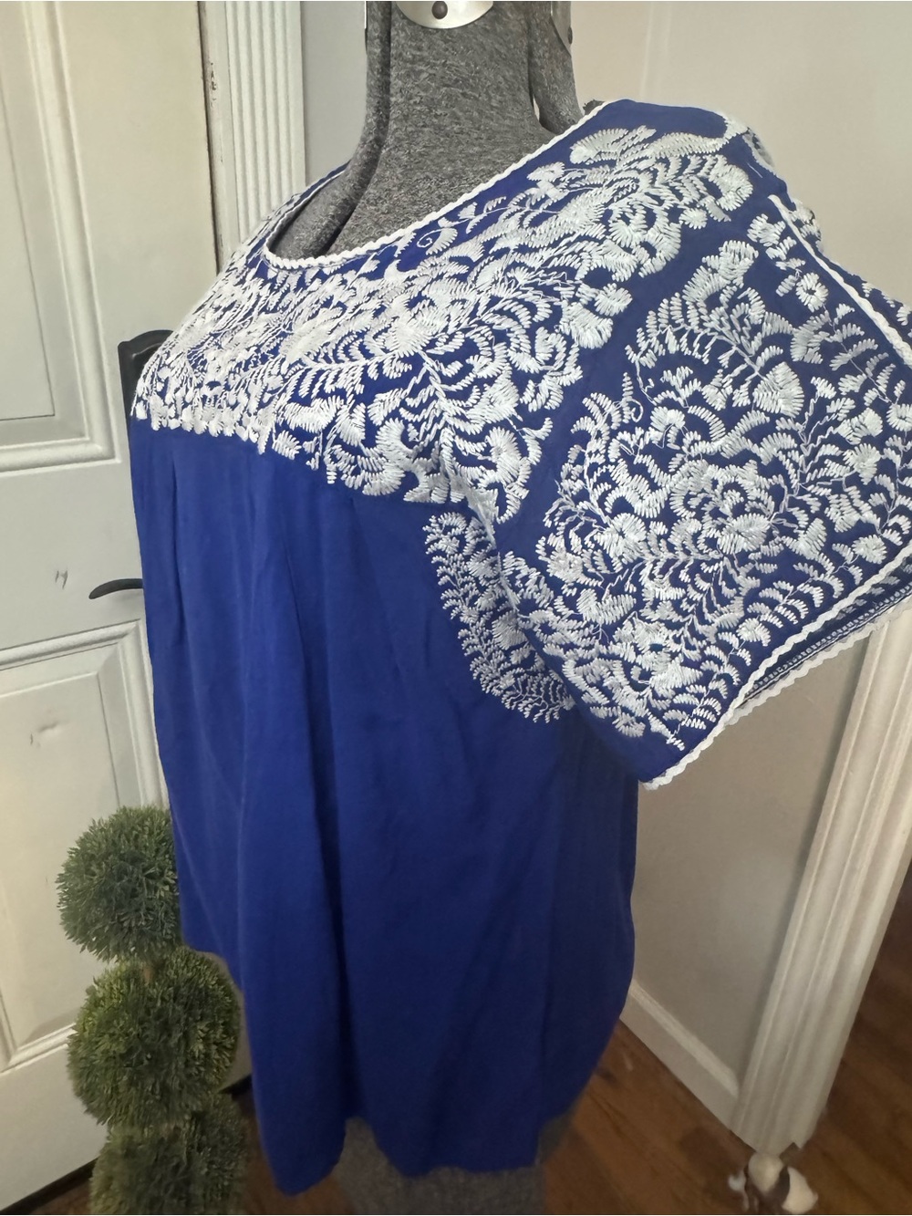 Womens Buddy Love Blue Embroidered Top with White Floral Detail Medium
